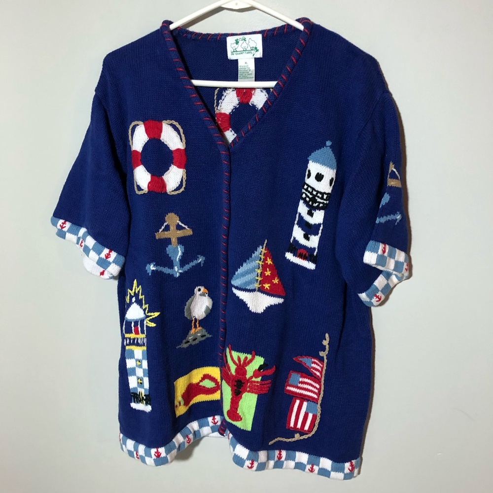 Quacker factory coastal grandma nautical blue cardigan XL short sleeve lobster